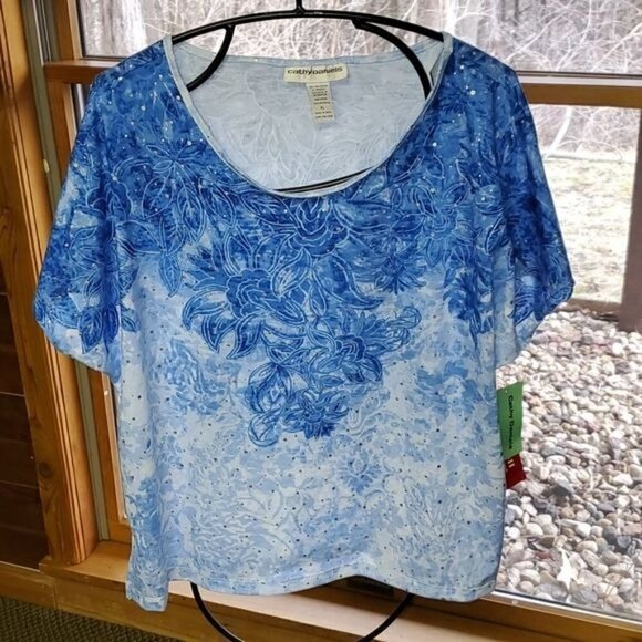 Cathy Daniels Stretch Spandex Embellished Graphic Floral Short Sleeve Sz L Top - Picture 2 of 9